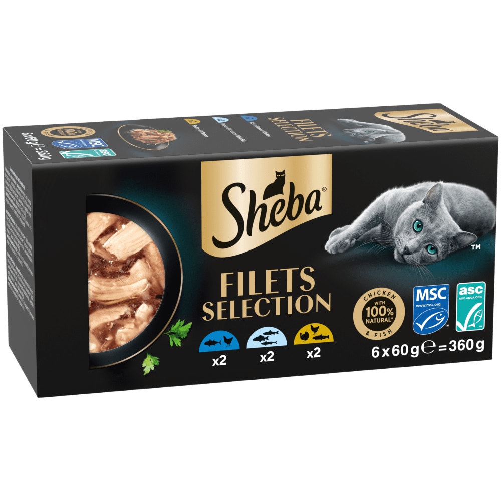 SHEBA Filets Adult Cat Food With Chicken,Tuna,Poultry,Salmon 6 x 60g Tray - 1